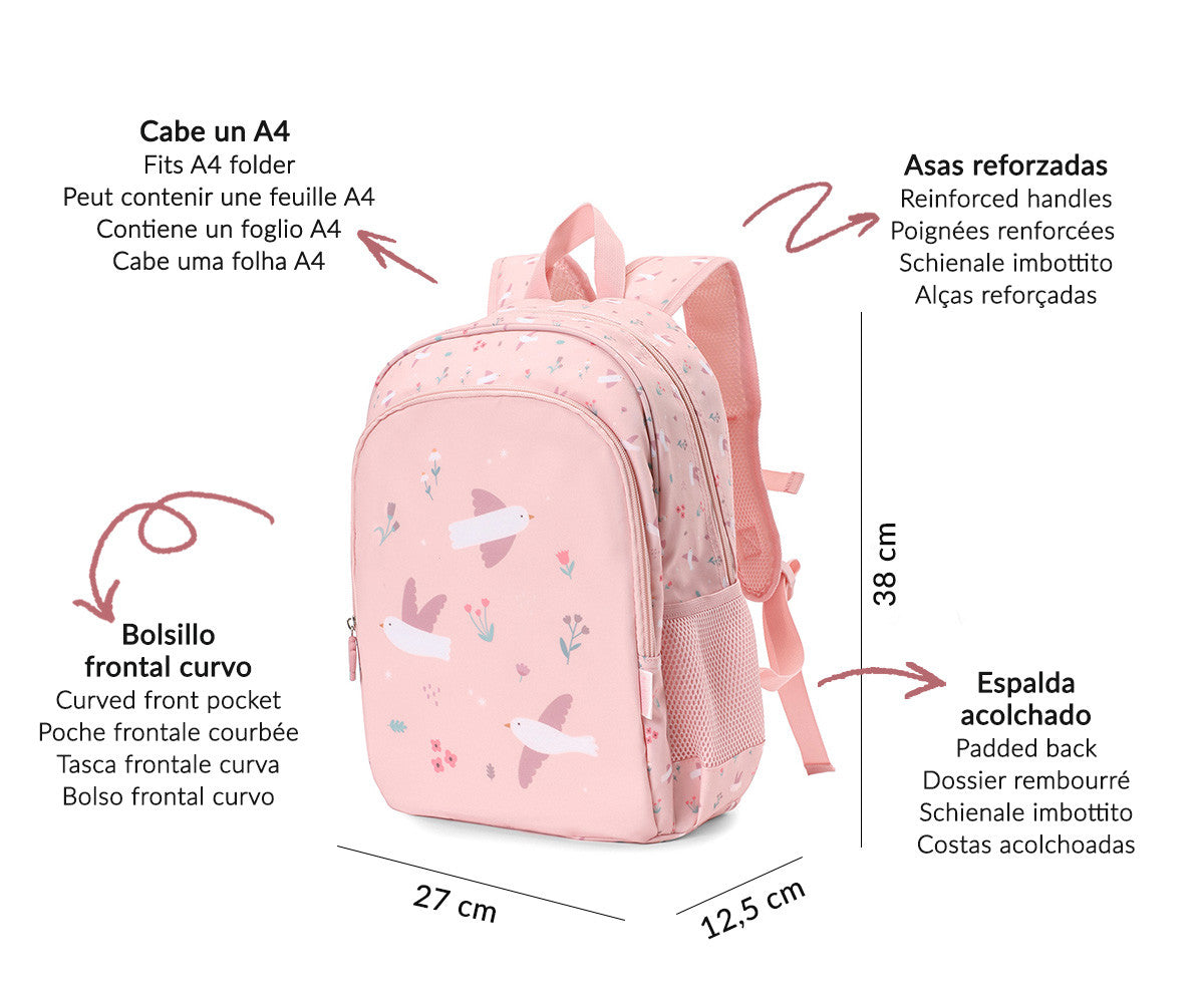 Mochila Escolar Média com Porta-Chaves - Blossom Birds